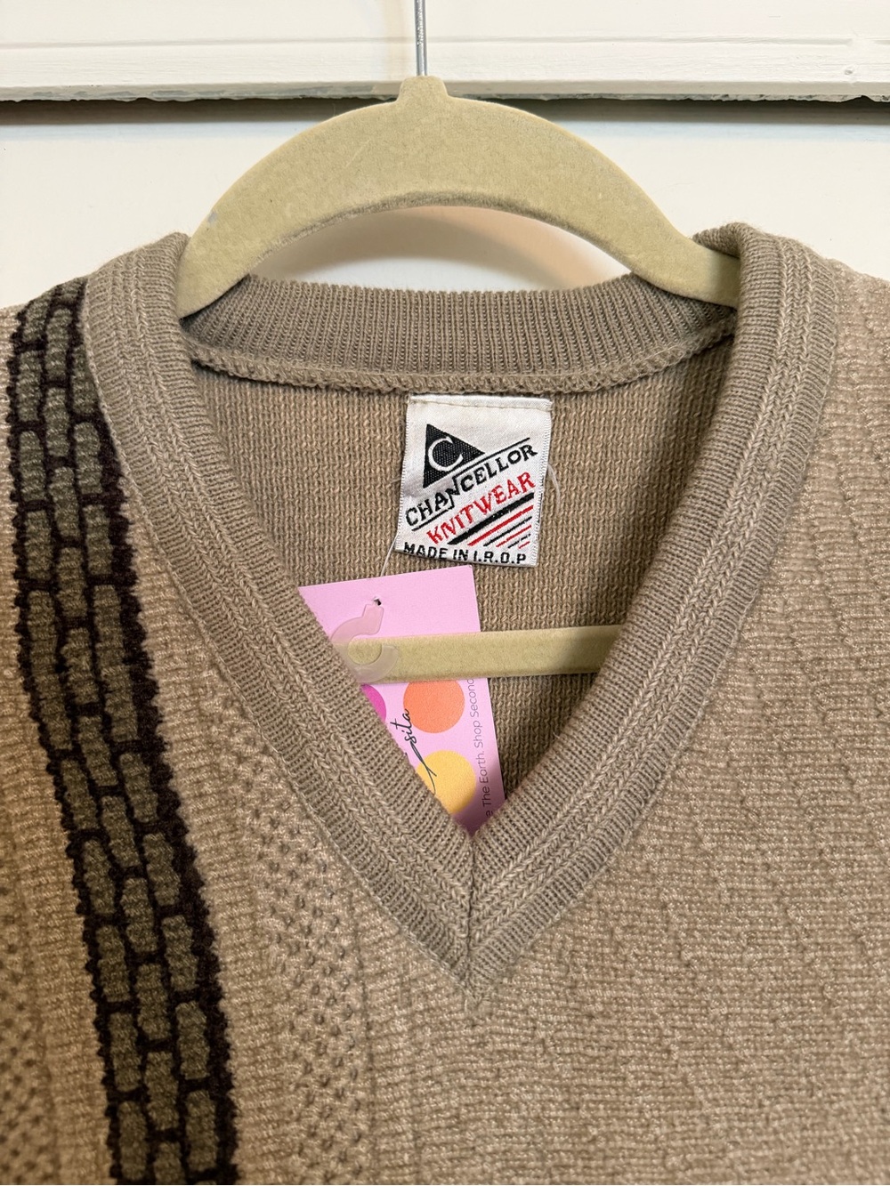 Vintage Cable Knit V-Neck Sweater Vest - Taupe - Picture 2 of 2